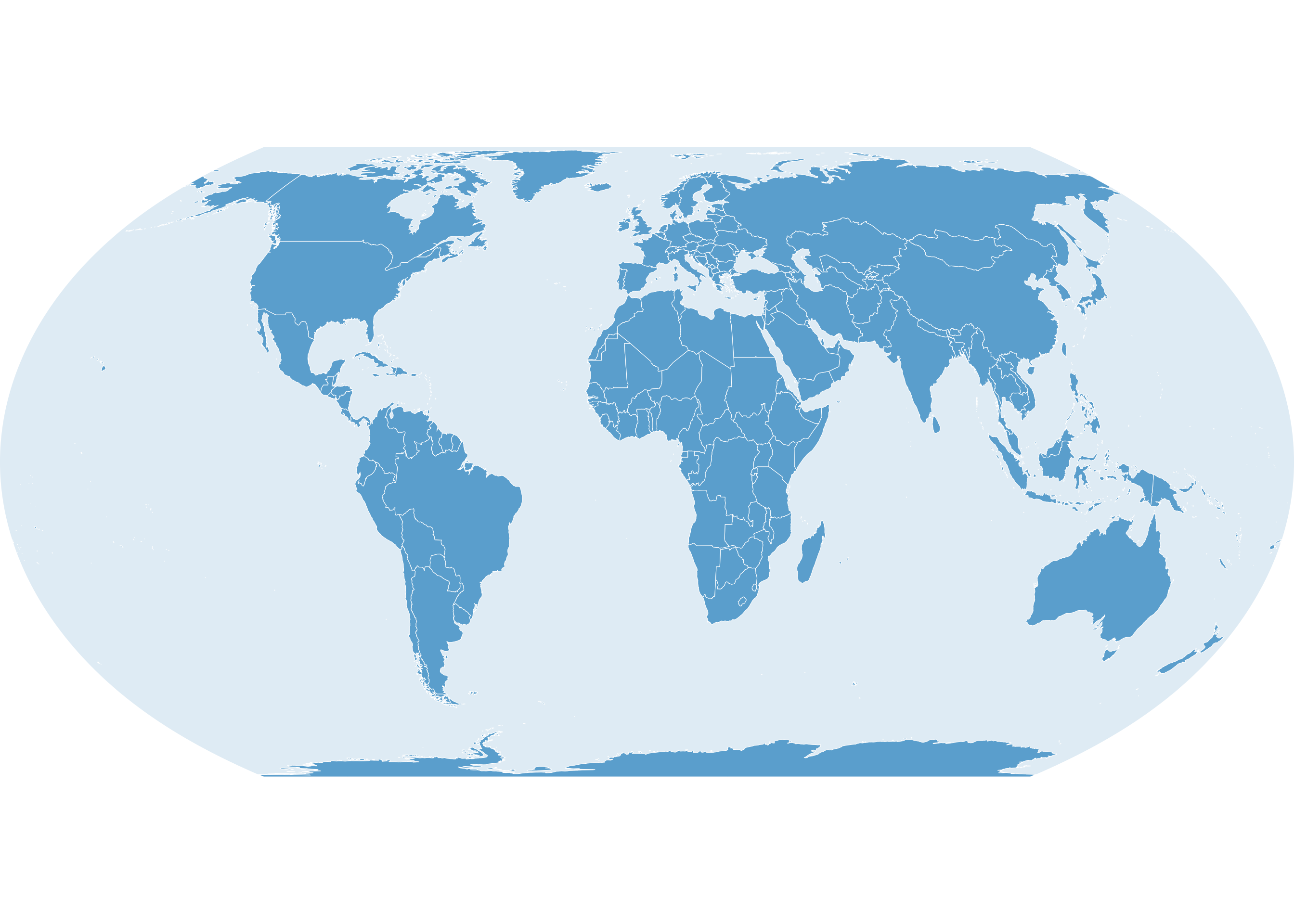 La même carte en projection Equal Earth que précédemment, mais avec un fond bleu clair en forme d'ellipse qui épouse exactement le contour de la projection, dessiné derrière les pays plutôt qu'en rectangle.